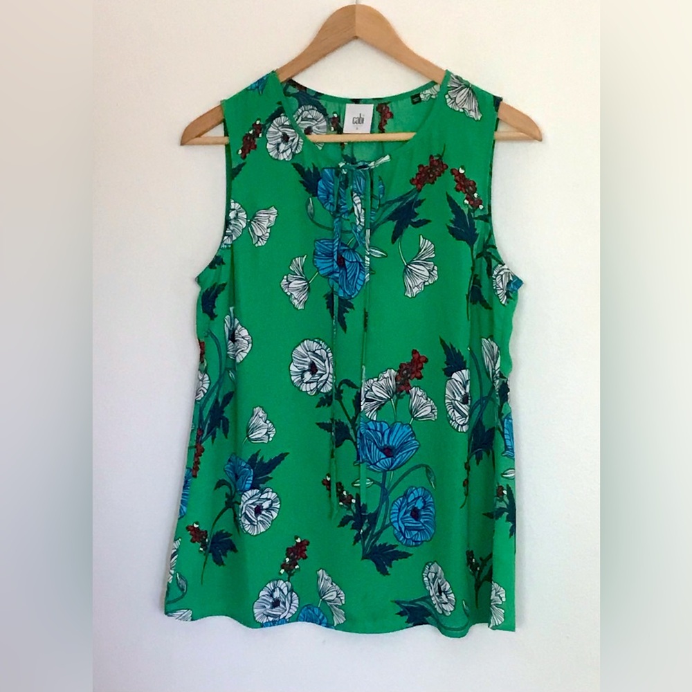 CAbi Green Floral Sleeveless Tie-Neck Top
